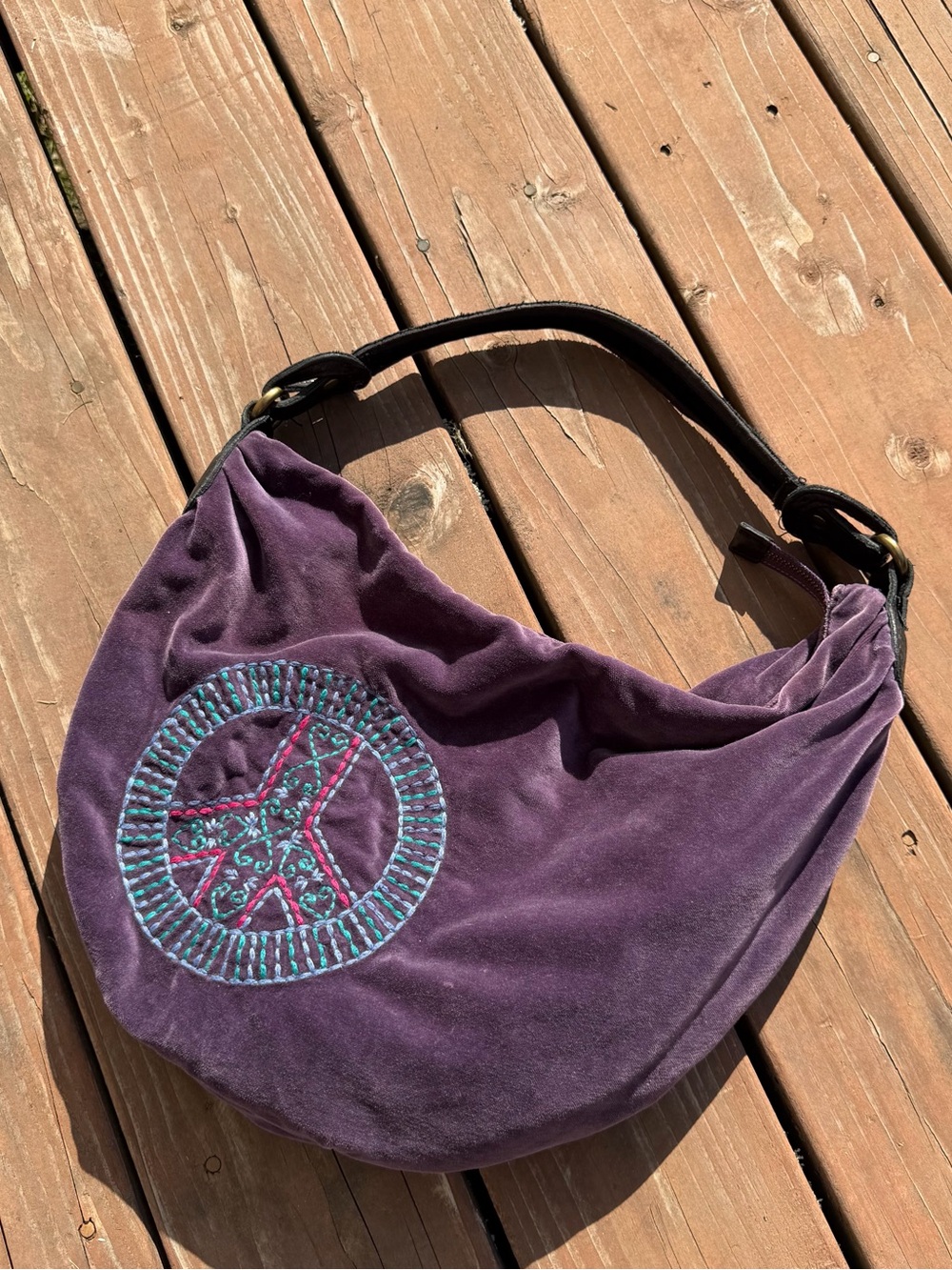 Lucky Brand Purple Suede Hobo Bag with Embroidered Peace Sign
